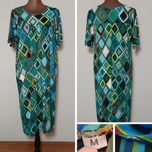 Vintage Dress Sz M Geometric Diamond Print Caftan Multicolor Short Sleeve Lounge